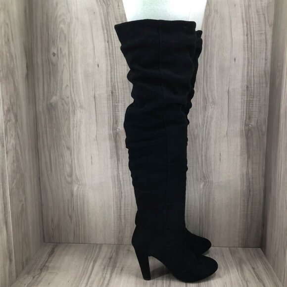 Over The Knee Boots Womens 8 Black Fabric Slouch Pull On OTK - Picture 1 of 10